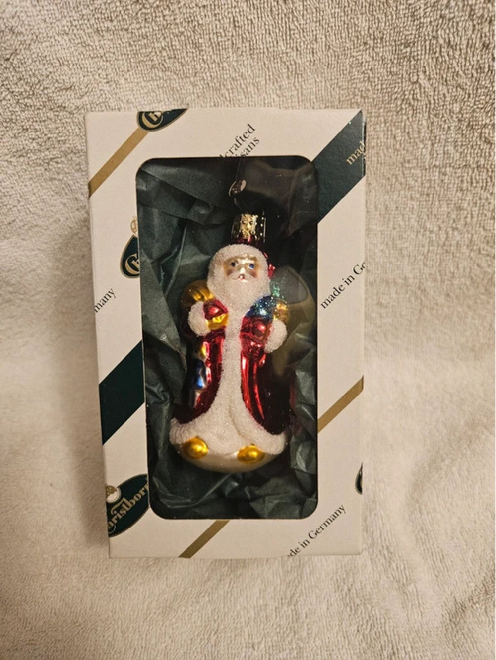 Vintage Christborn Santa Glass Ornament 4" Germany Hand Blown Box Tag Christmas